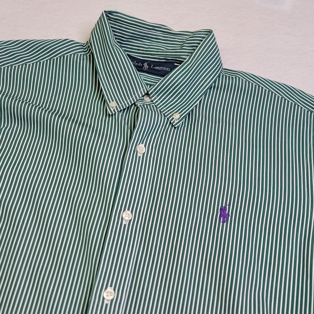 Ralph Lauren Green White Strip Long Sleeve Button‎ Down Shirt Sz Large